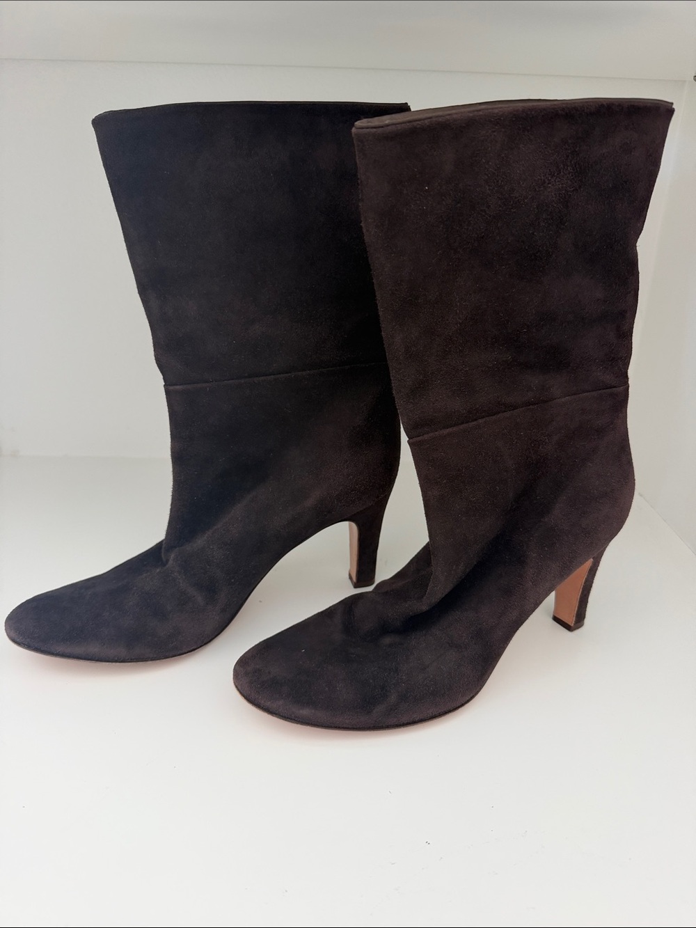 Max Mara Mid-Calf Suede Heeled Boots in Dark Brown